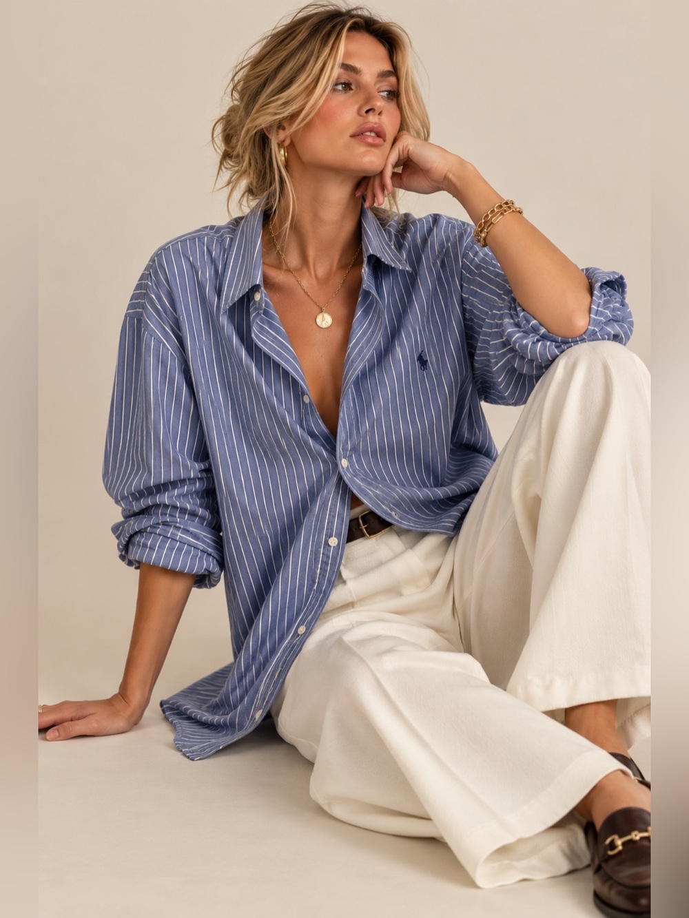 Ralph Lauren Blake Blue Stripe Cotton Oversized Boyfriend Shirt Women M Preppy